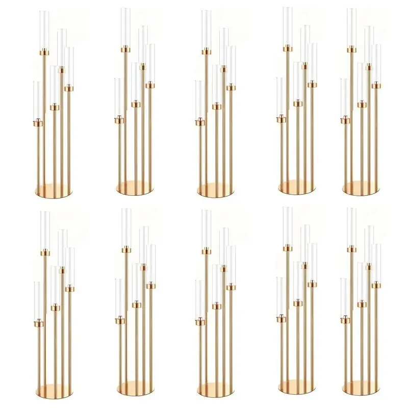 2-10pcs 5/8 Heads Metal Candelabra Candle Holders Road Lead Table Centerpiece Gold Candelabrum Stand Pillar Candlestick wedding