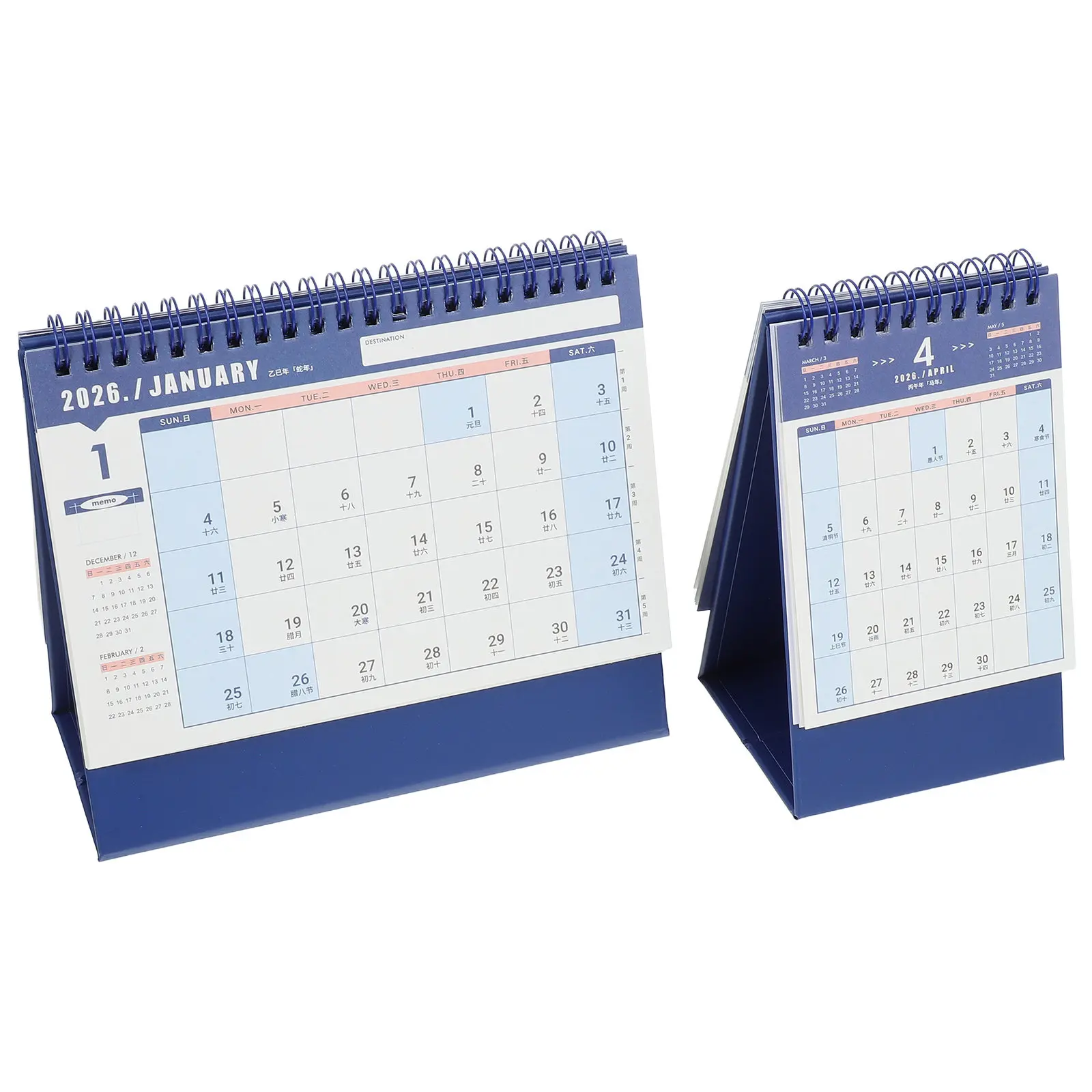 2Pcs 데스크 캘린더 2026 플립 스탠딩 데스크탑 플래너 빈티지 디자인 일일 일정 정리함 사무실 연구용 홈 블루
