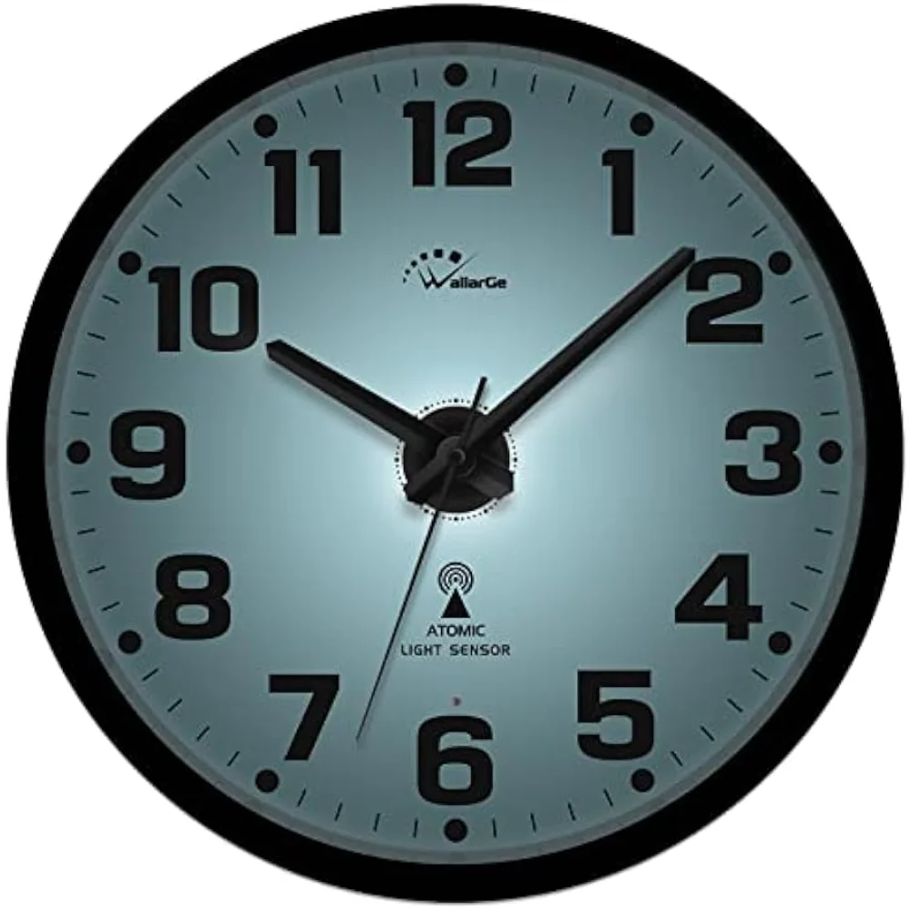 

WallarGe Atomic Wall Clock with Night Light - Silent Lighted up Wall Clock Glow in The Dark, Battery Operated, AUTO DST, 12 Inch