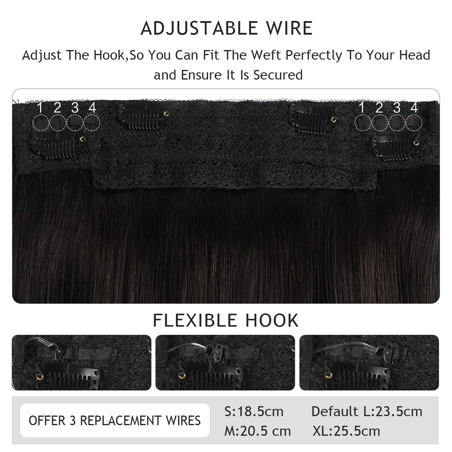 Straight Wire Hair Extensions #1B Fish Line Natural Hair with Adjustable Size 4 Secure Clips 16-26 Inches Pieces for Women human hair extensions
