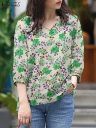 ZANZEA Fashion Floral Printed Blouse Woman 3/4 Sleeve V-Neck Tops Bohemian Casual Holiday Chemise Spring Elegant OL Blusas 2023