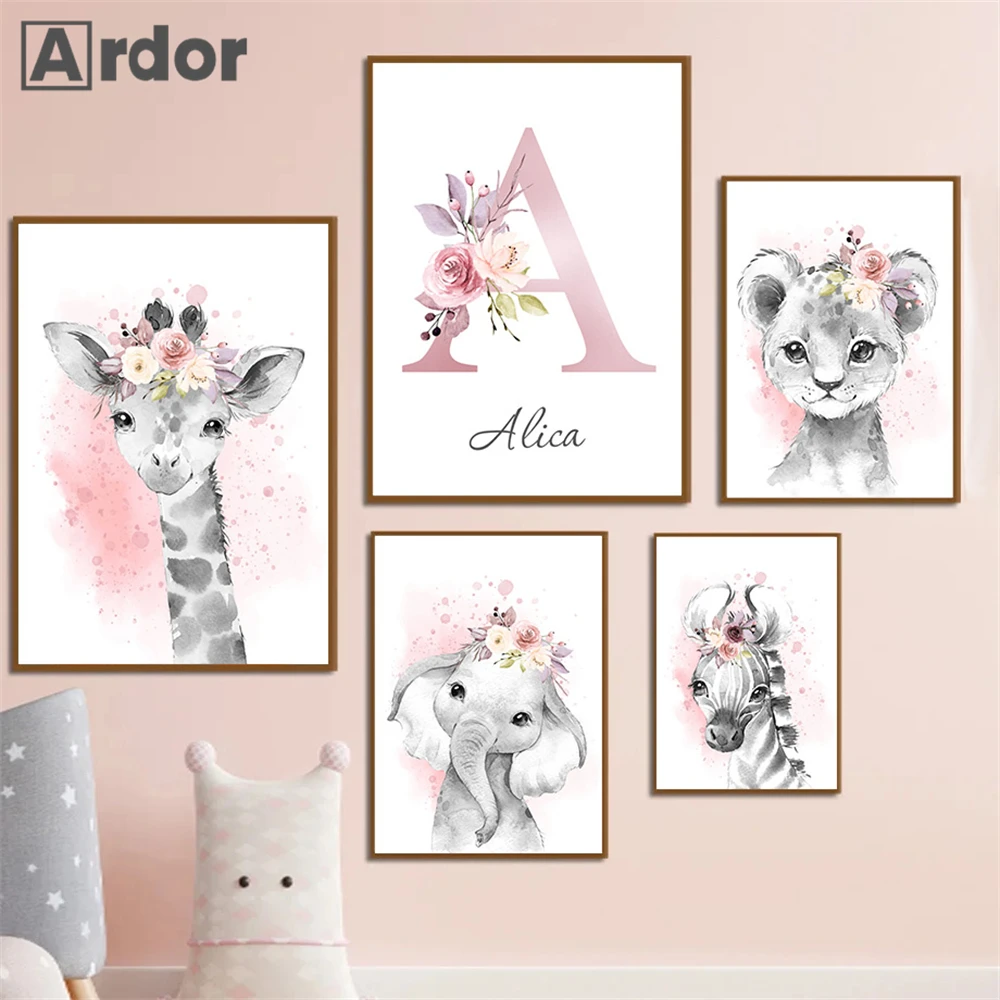 

Custom Name Poster Pink Flower Lion Elephant Zebra Giraffe Nursery Print Canvas Painting Wall Art Picture Baby Girl Room Decor