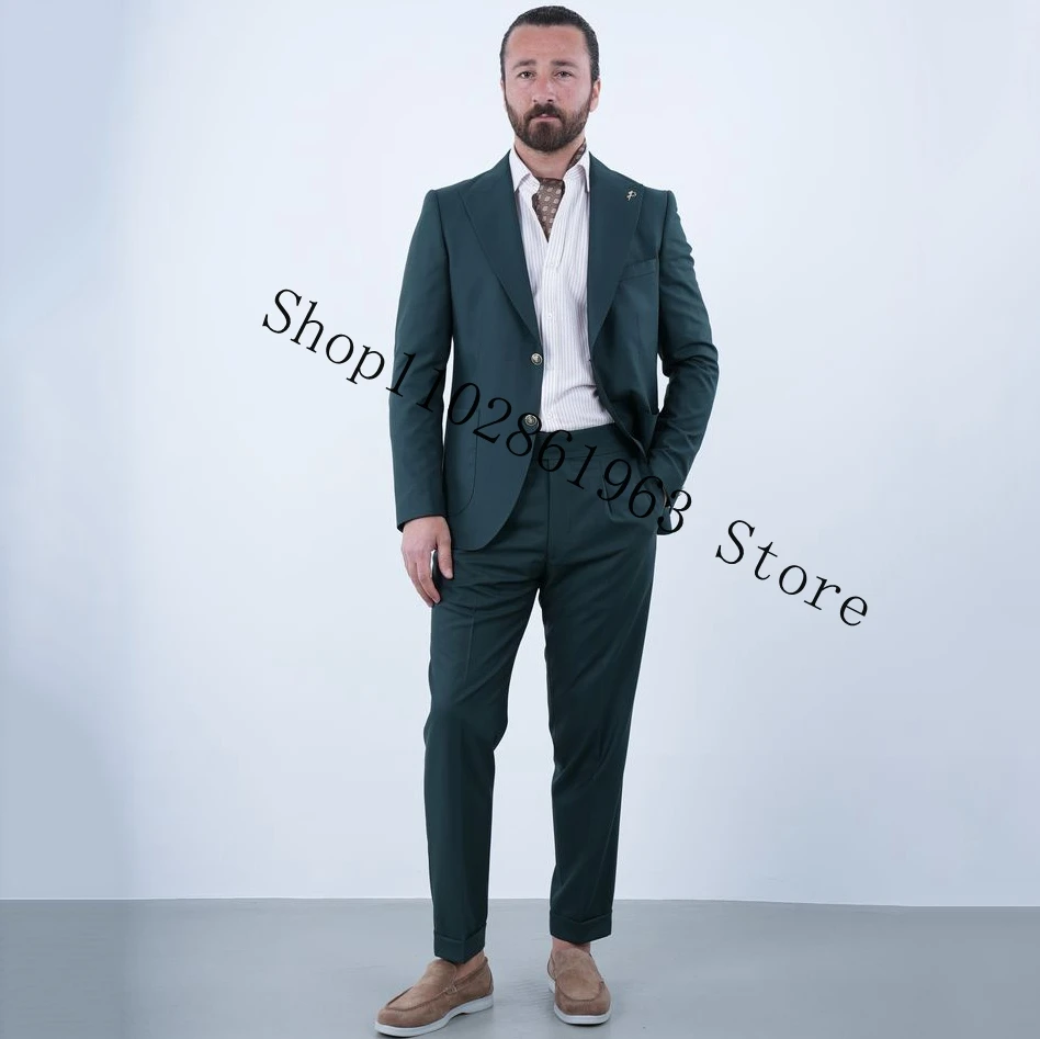 Casual Men Suits Slim Fit Peak Lapel Two Buttons 2 Pieces Suits Blazer Pants Groom Wedding Party Tuxedos Trajes De Hombre