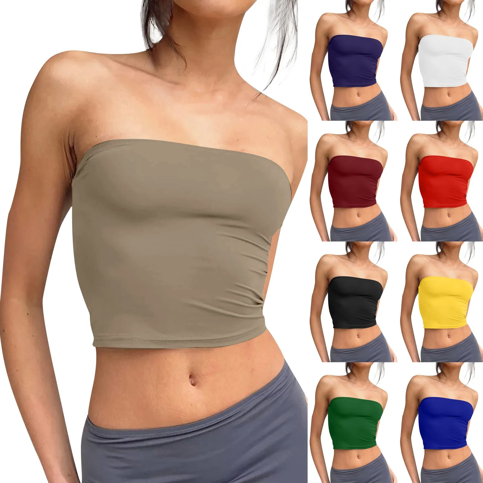 Summer Fashion And Slim Fit Off Shoulder Sexy Solid Colour Basic Backless Sleeveless Strapless Short Crop Tops For Female