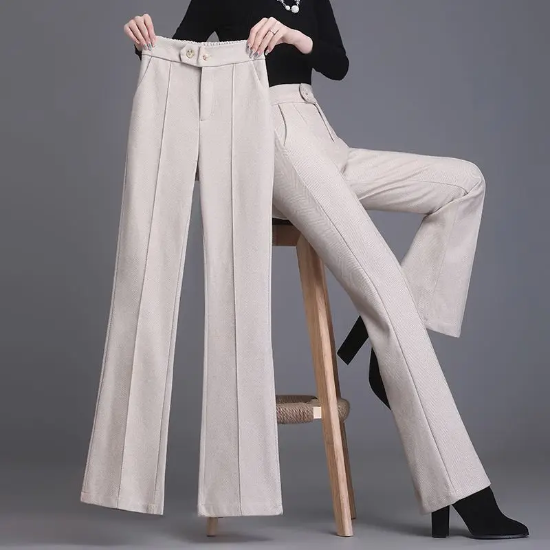 Office Lady Wool Blend Wide Leg Pant 2024 Korean High Waist Flare Trousers Women Plus Size Autumn Winter Woolen Suit Pantalon