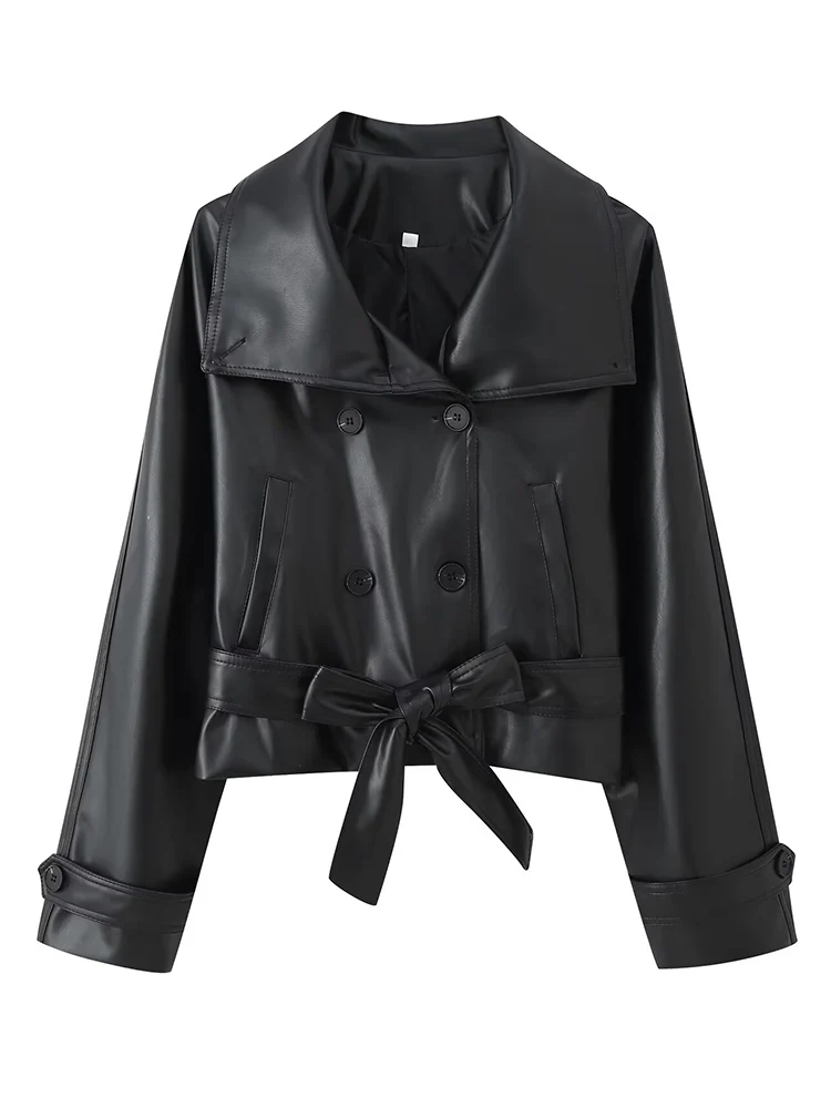 Women PU Leather Short Jacket Coats Lapel Double Breasted Faux Leather Belt Coat High Street Fashion Loose Outwear Women