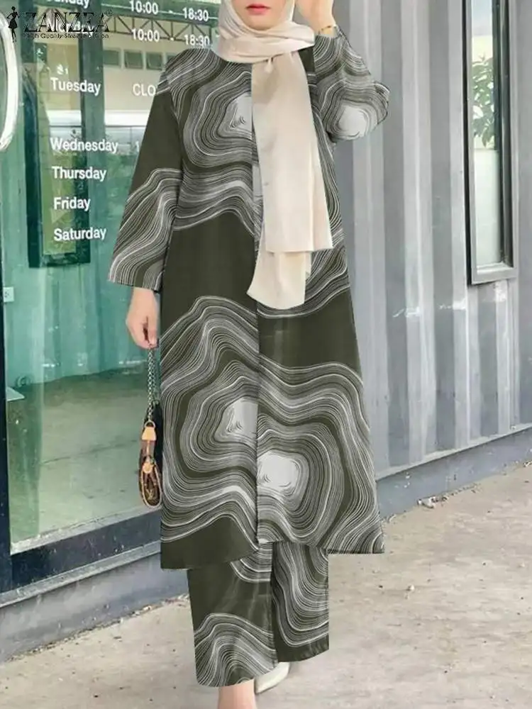 ZANZEA Vintage Printed Muslim Sets Women Blouse Suit Autumn Tracksuits Islamic Outfits Long Sleeve Shirt & Pants Causal Abaya