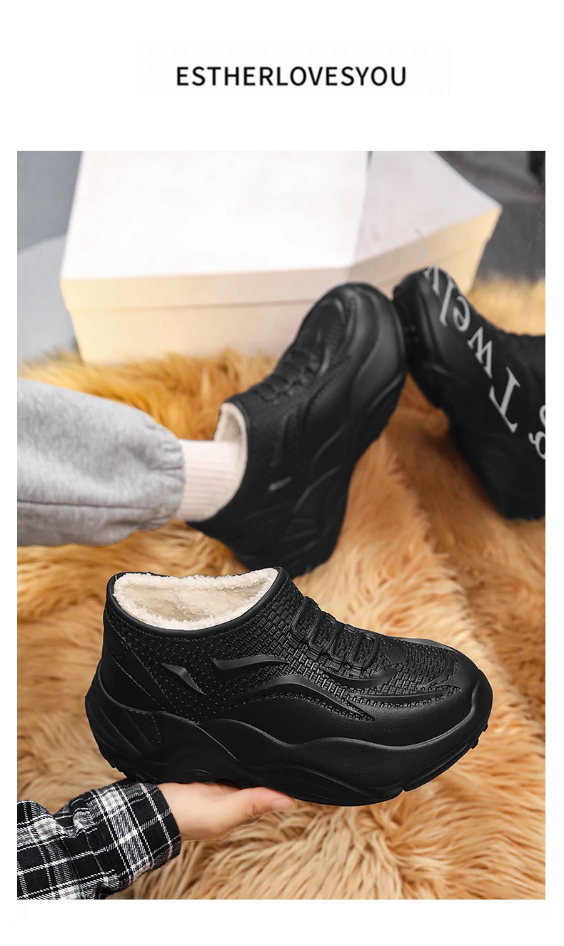 Herrenschuhe Winter Plüsch Warm halten Wasserdichte Schuhe EVA Licht Dicke Sohle Runde Zehen Slip On Knöchel Walking Sneakers Schuhe Schwarz – Detail 9