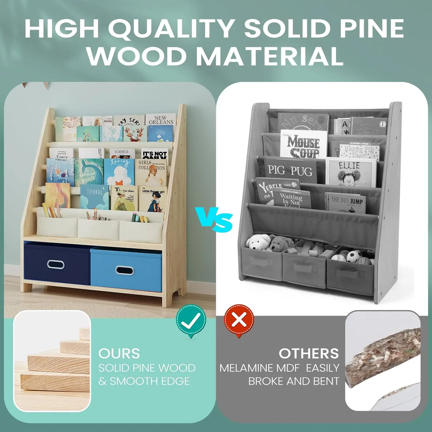 4-Tier Wooden Kids Book Rack with Toy Storage 5