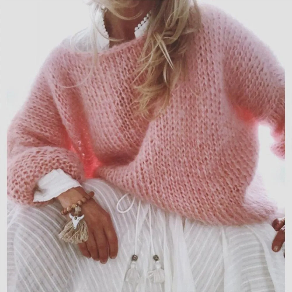 thumbnail image 2 of Suéter de punto de manga larga con farol para mujer 2024, jersey de mohair mullido y peludo, top de punto grueso, tops holgados de gran tamaño sólidos, 2 of 5