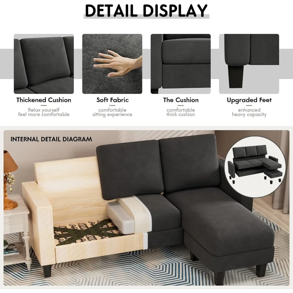 Convertible Sectional 3 L-Shaped Couch Soft Seat with Modern Linen Fabric, Space-Saving Sofas for Living Room, Apartment, 70\'\'