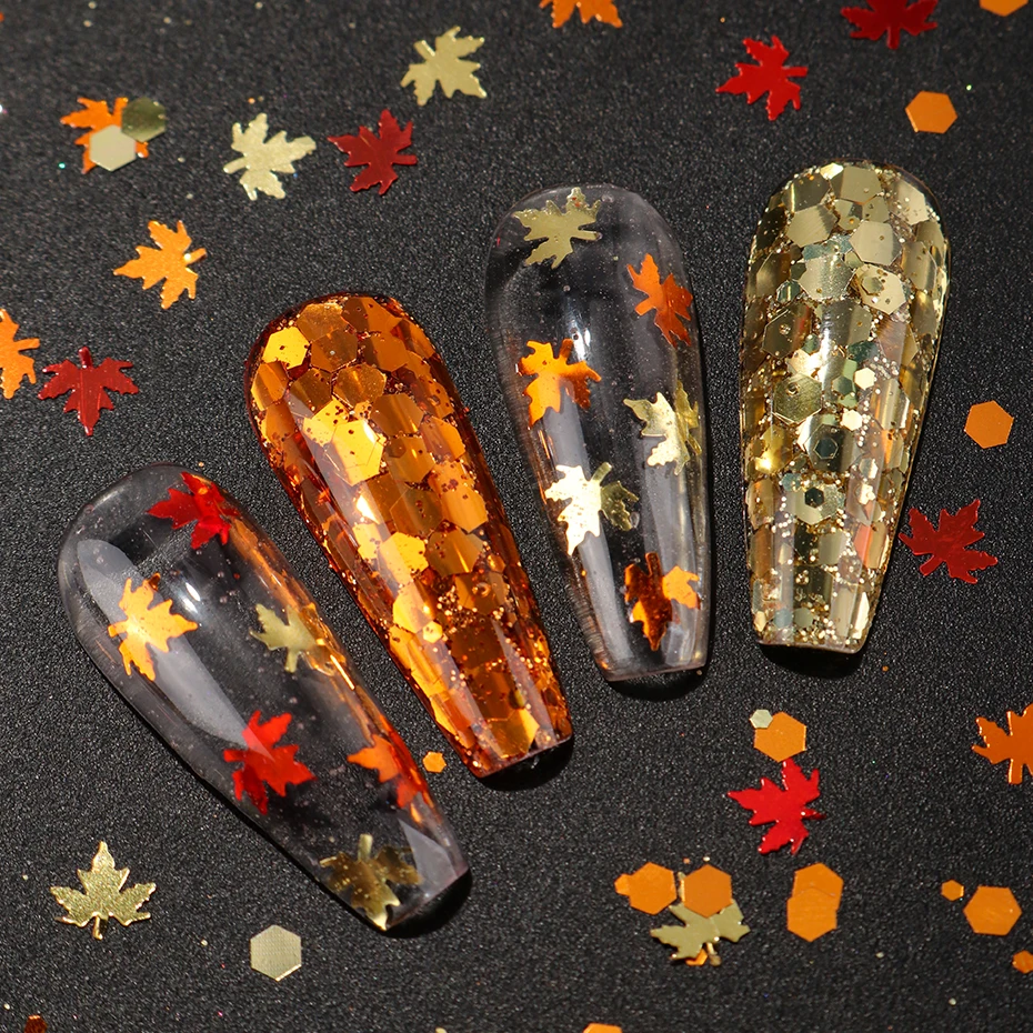 6 Boxen goldene Ahornblätter, Pailletten für Nägel, glänzendes gelbes rotes Zucker-Nagelpulver, Herbst-Winter-Harzflocken, Charm-Nageldekoration – Detail 7