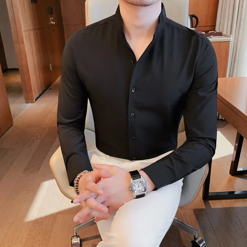 

New High Quality Men Dress Shirt Long Sleeve Solid Color Business Office Casual Shirt Slim Fit Streetwear Homme Plus Size S-4XL