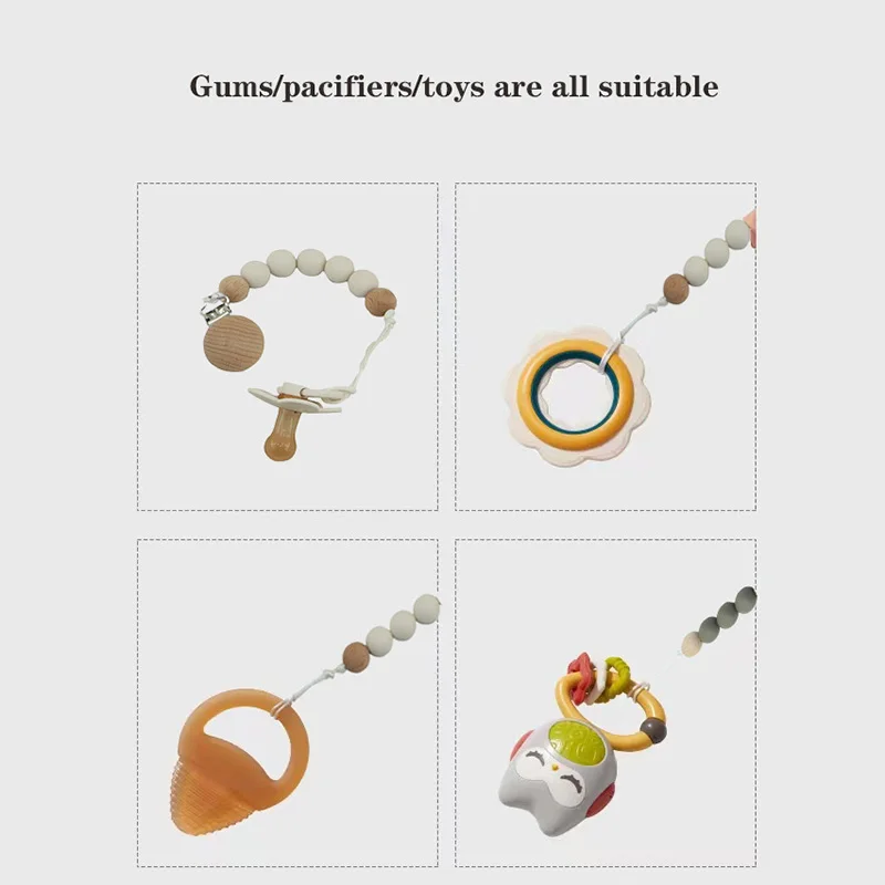 Silicone Pacifier Chain BPA Free Baby Pacifier Anti-Drop Chain Wood Bead Clips Dummy