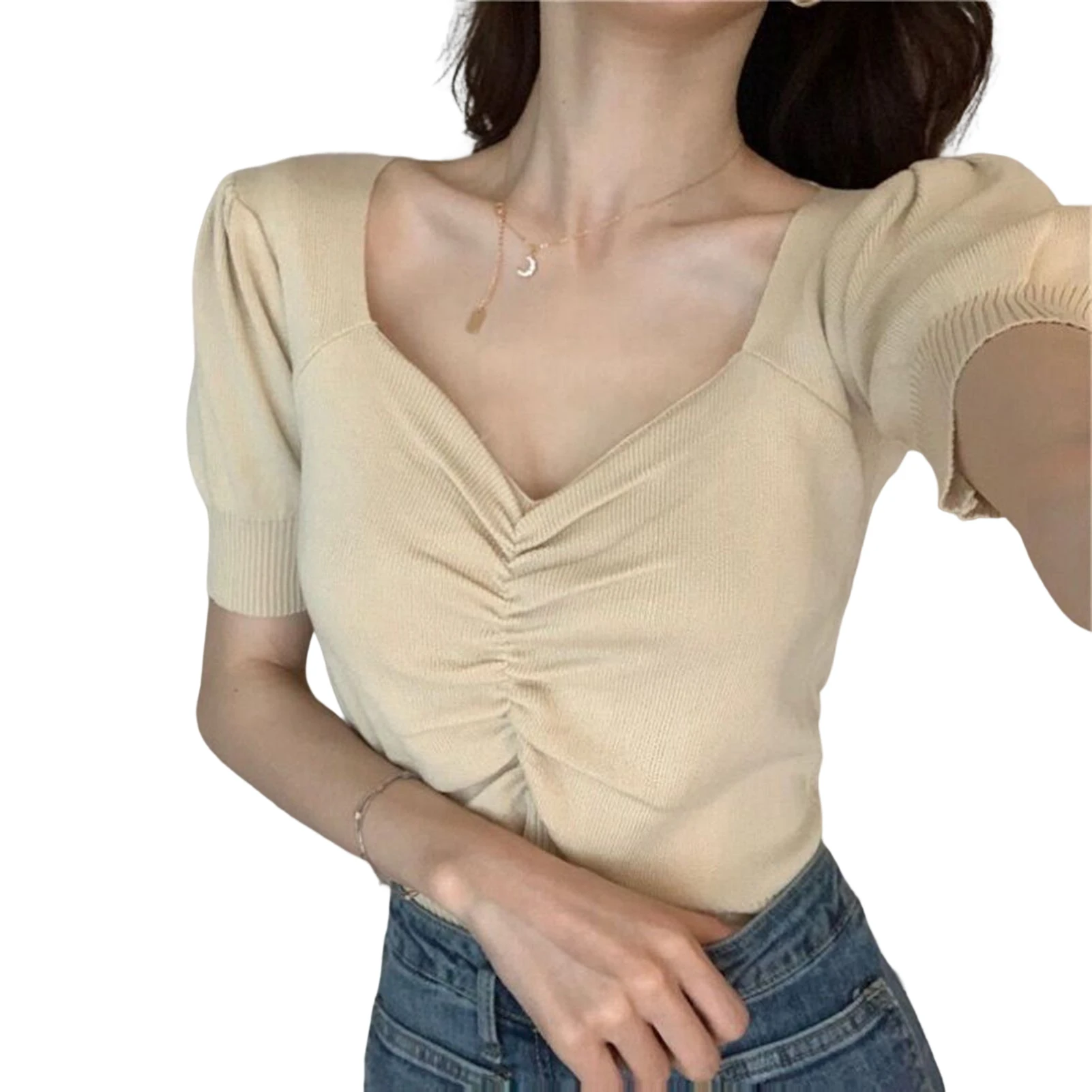thumbnail image 1 of Camisas de manga corta con cuello en V para mujer, blusa de punto de manga corta para uso diario casual y citas, 1 of 5