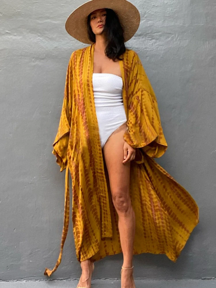 Bikini Cover Up Tie Dye Printed Swimsuit Cape Pareo Bohemian Beach Kimono Dresses Self Belted Bathing Suits