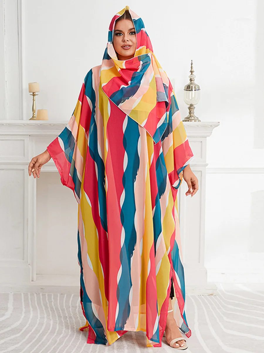 

Middle Eastern Islamic Chiffon Multicolour Print Long Dress Muslim Women Dubai Abaya Robe Femme African Evening Maxi Dresses