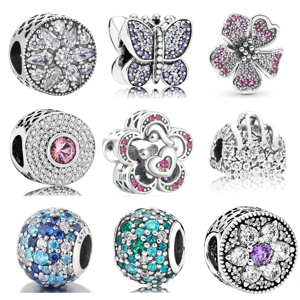 

Fit Original Pandora Charms Bracelet Silver 925 Plated Zircon Butterfly love flower charm bead DIY Jewelry Making Berloque