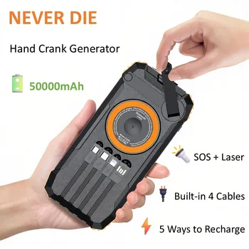 Power Bank Solare a Manovella 50000mAh, Kit di Emergenza Indispensabile per Interruzioni di Corrente da Uragano, 4 Cavi, Bussola e Luce Radio SOS