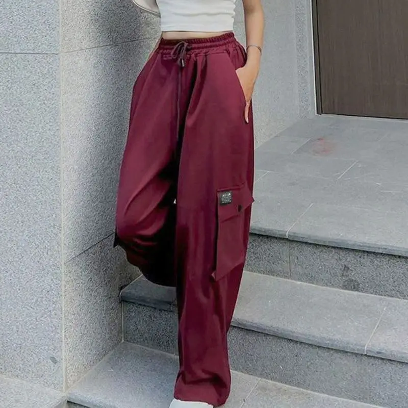 

Cargo Pants for Women Baggy Casual Trousers Drawstring Elastic High Waist Korean Fashion Y2K Hip Hop Streetwear Sweatpants Red