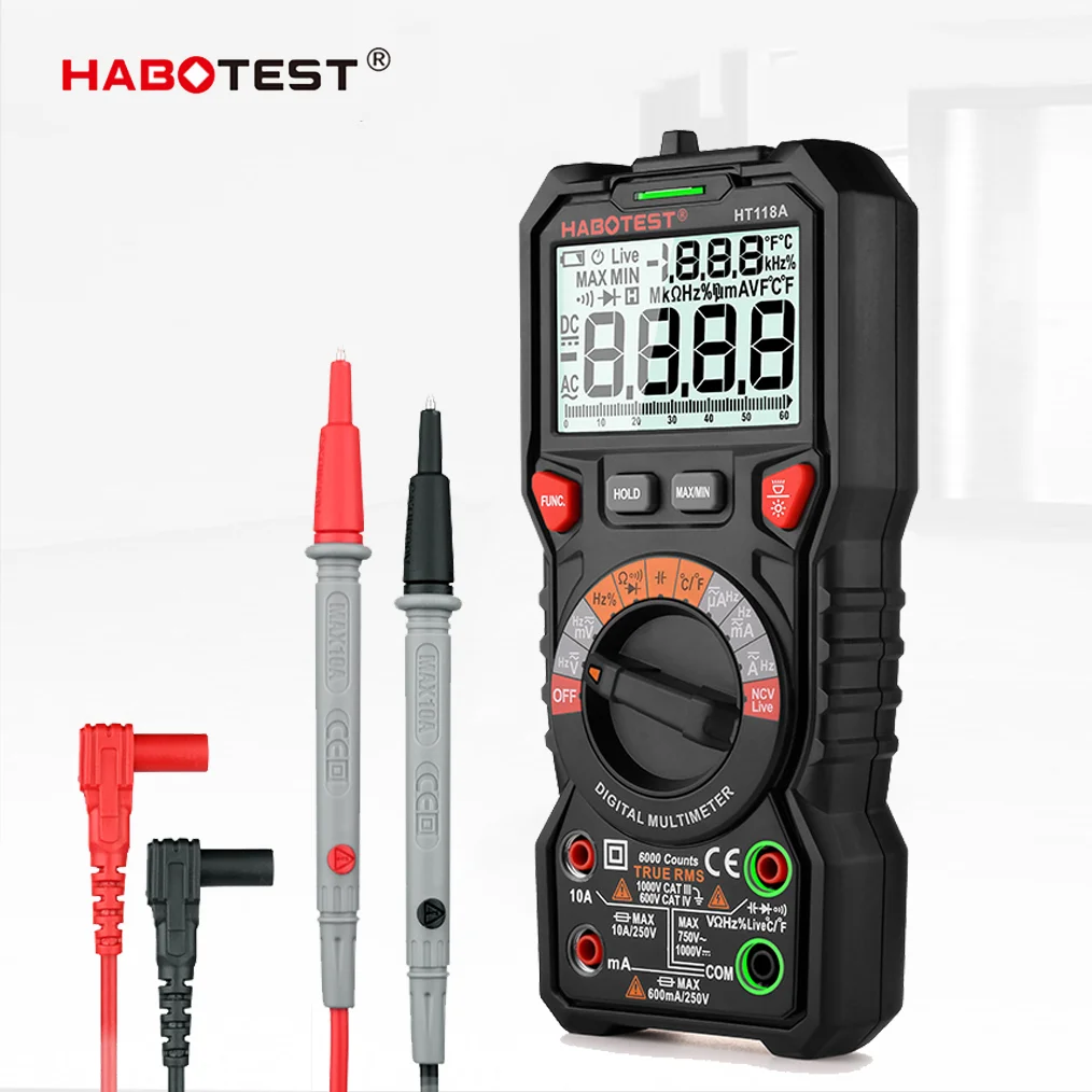 

HABOTEST HT118 Digital Multimeter Ture RMS 1000V AC/DC 6000 Counts Voltmeter Auto Range NCV Hz Diode ohm Tester Multimetro