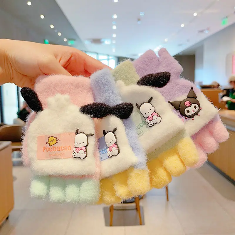 

Sanrio Kuromi Pachacco Children's Gloves Winter Keep Warm Velvet Thickening Girly Heart Cute Cartoon New Plush Half Finger Flip