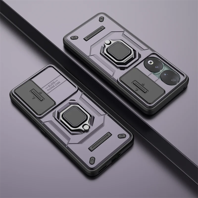 Sleek Slide Lens Protect Phone Case with Magnetic Ring Holder - Enhanced Durability
