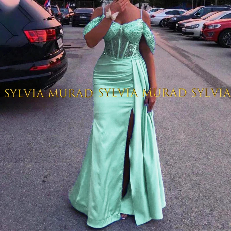

Aqua Sequins Mermaid Evening Dress Spaghetti Straps Off Shoulder Side Split Streamer Plus Size Women Long Formal Party Dresses