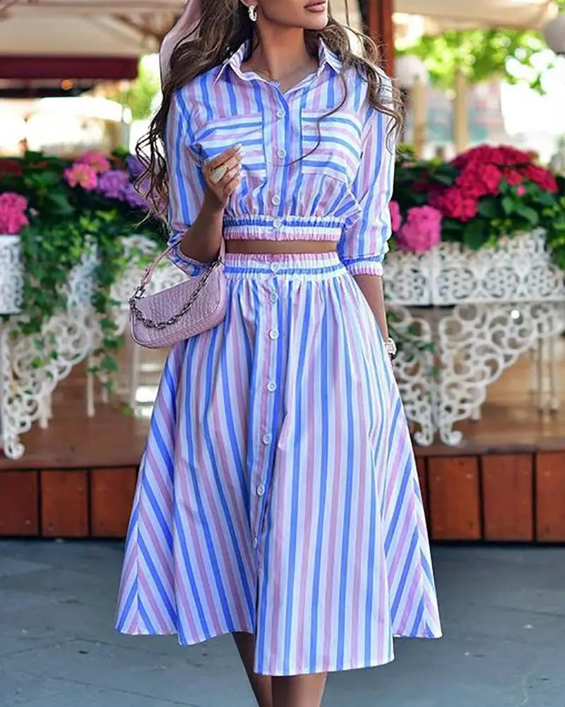 Fashion Short Sleeve Button Shirt And Skirt Two Piece Set Women 2023 Summer Outfits For Women Office Crop Top Dress Sets 2 Piece