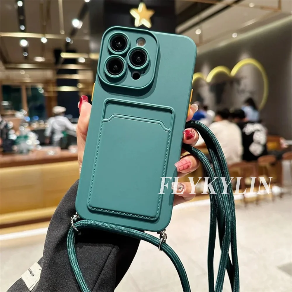 Flat Rope Solid Color Card Holder Phone Case with Soft Silicone and Hanging Rope Design