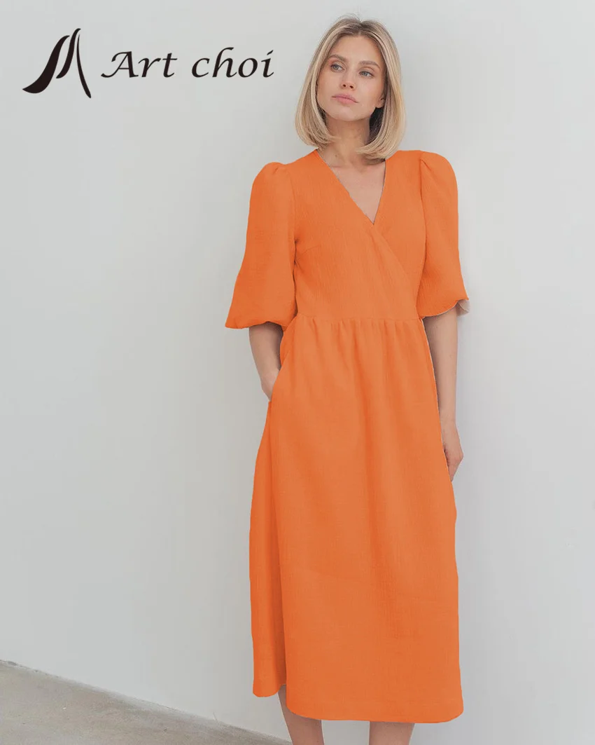 2023 Summer New French Midskirt Women'S Fashion Lace Up Manica Corta Manica A Bolle 100% Cotone Dress