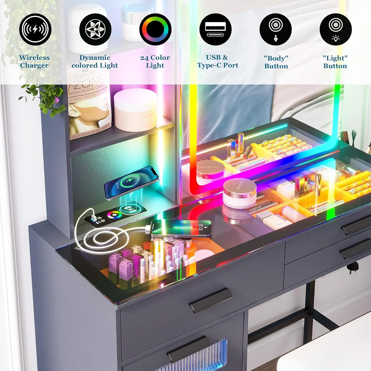 RGB Vanity Desk with Sliding Mirror and Lights, LED Makeup Vanity with Charging Station/Motion Sensor Light, Glass Top Vanities