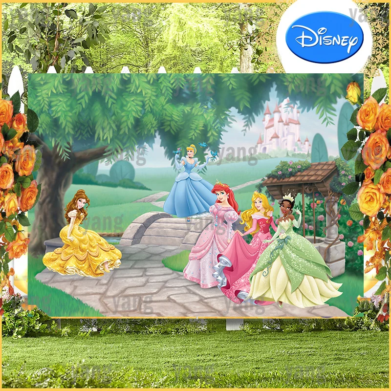 Disney Princess Cenerentola Belle Ariel Aurora Tiana Cartoon Outdoor Baby Happy Background Festa Di Compleanno Fotografia Sfondo