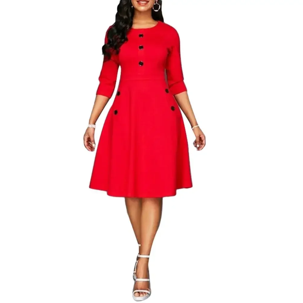 

Hot Apparel Women Dress Fashion Solid Color Round Neck Buttons-Three Quarter Sleeve A-line Dress Quarter Sleeve Dress Women