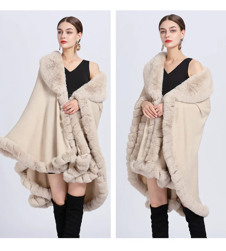 Elegant Imitation Rabbit Fur Cape Women Winter Clothing Thick Warm Poncho Female Fashion Cardigan Shawl Cloak Loose Long_ecoleips.com