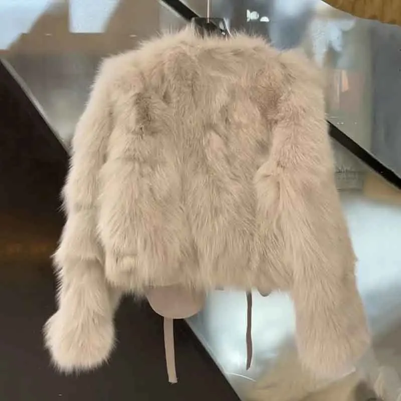 Autumn Faux Fur Crop Coat Women Y2K Fashion Streetwear O Neck Fluffy Short Fur Jacket Korean Elegant Lace Up Faux Fox Fur Parkas 6