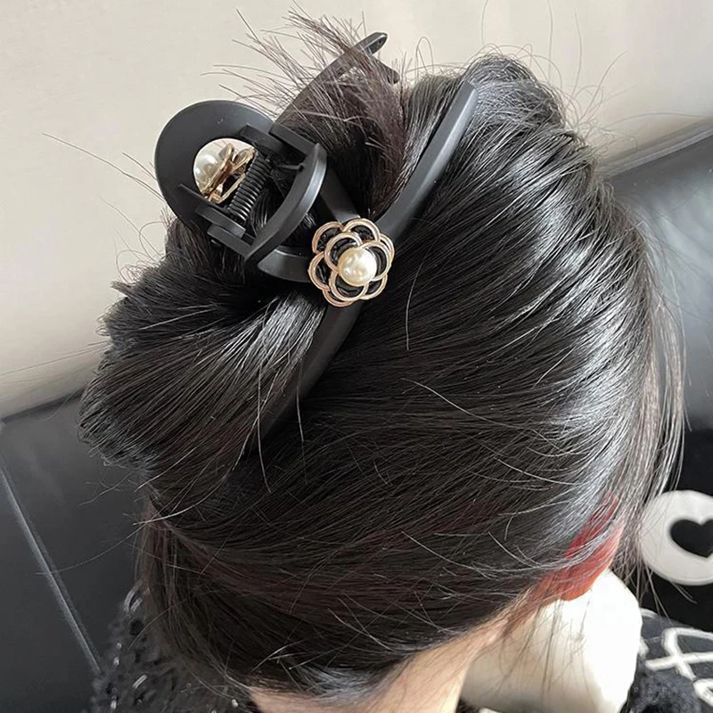 13CM Black Matte Camellia Grab Clip Large Elegant French Hair Clip