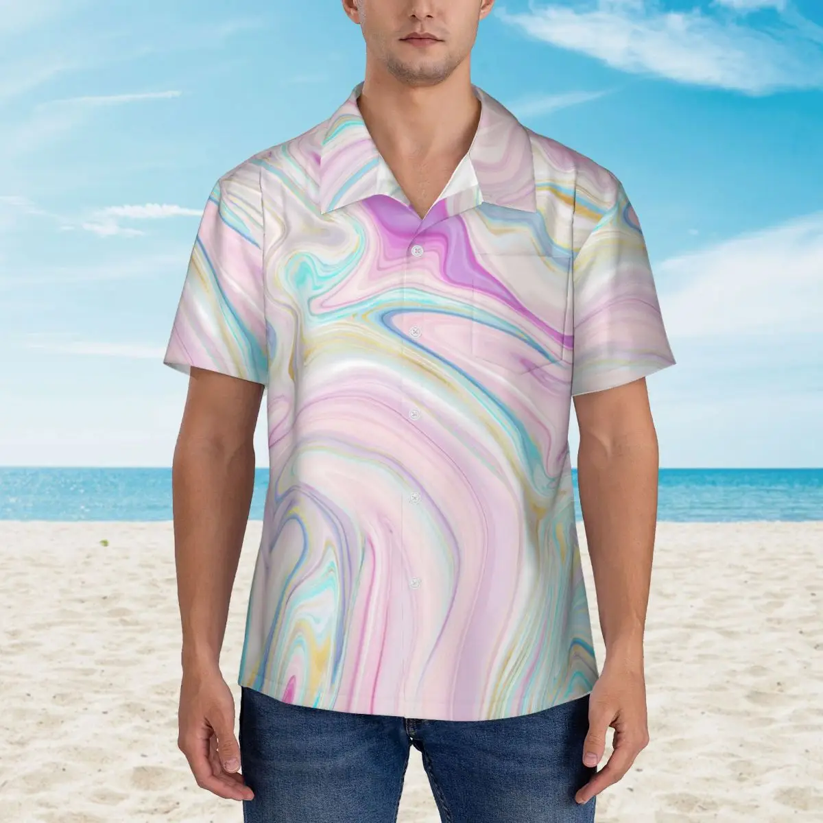 

Marble Hawaii Shirt Men Vacation Colorful Liquid Casual Shirts Short Sleeve Korean Fashion Design Vintage Oversize Blouses