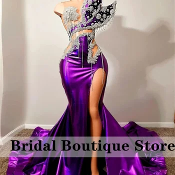 반짝이는 섹시한 보라색 무도회 원피스, 크리스탈 라인스톤, 하이 사이드 스플릿, 생일 파티 가운, 웨딩 피로연 가운, 2024 구슬