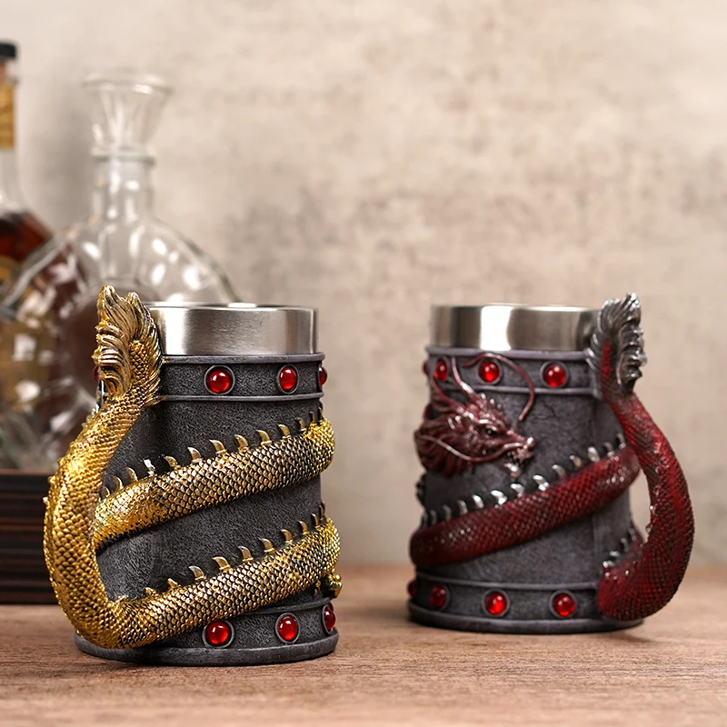 

Retro Beer Mug Creative Asian Dragon Coil Goblet Wine Mugs Stainless Steel Viking Wine Cup Drinkware Coffee Cups Dirthday Gifts