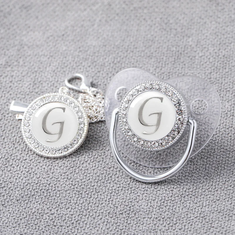 Baby Personalized Pacifier Clips Newborn Luxury Pacifiers Holder Letter Silver Bling Infant Transparent Silicone Nipple Bpa Free 2