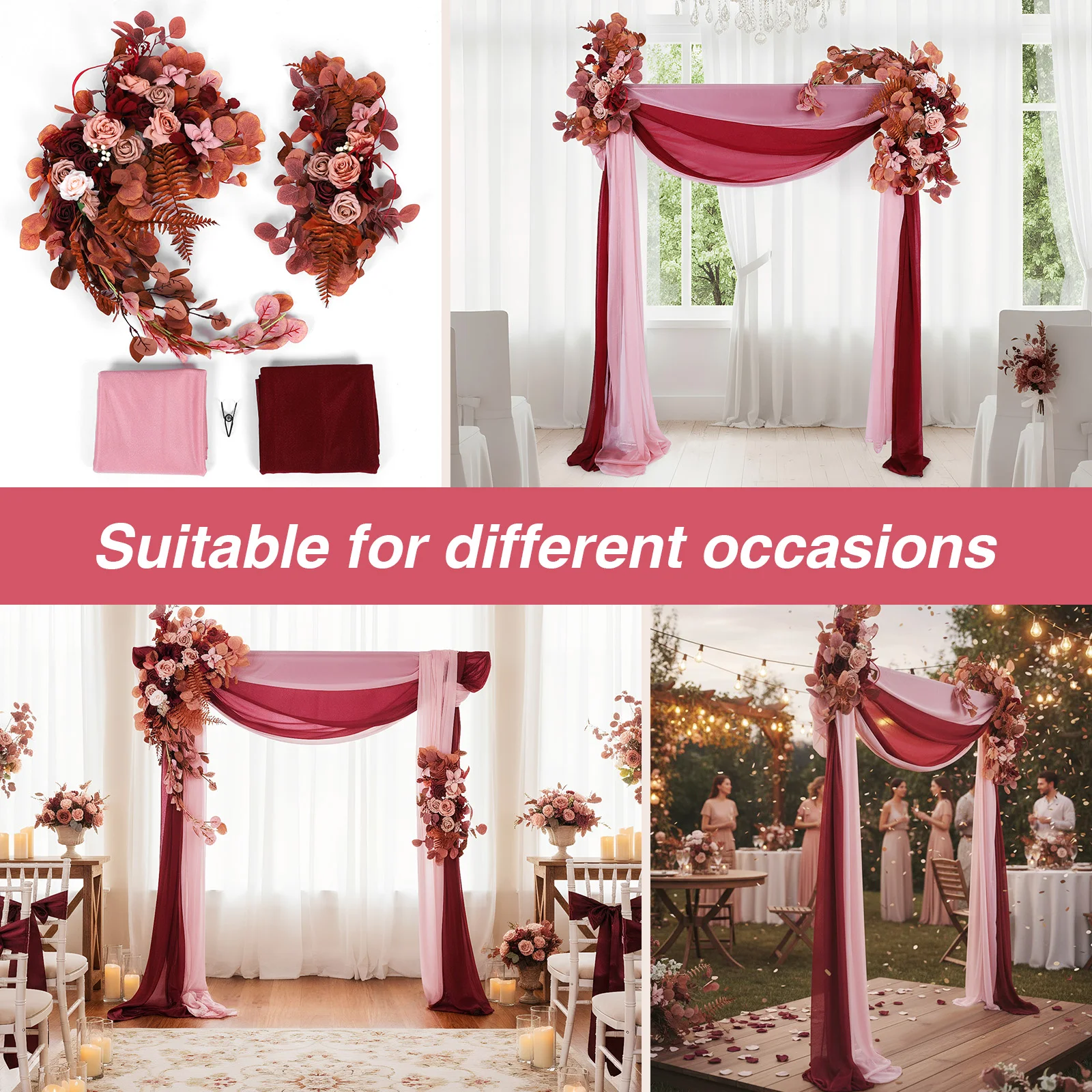 Pack of 4 Artificial Arch Flowers Swag with Sheer Drapes Wedding Arch Artificial Floral Kit for  Reception Backdrop Party Decor
