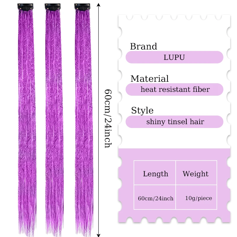 2PCS Synthetic Hair Tinsel Clip in Extensions Colored Sparkle Hair Tinsel Kit with BB Clip for Kids Girls Christmas Party Use