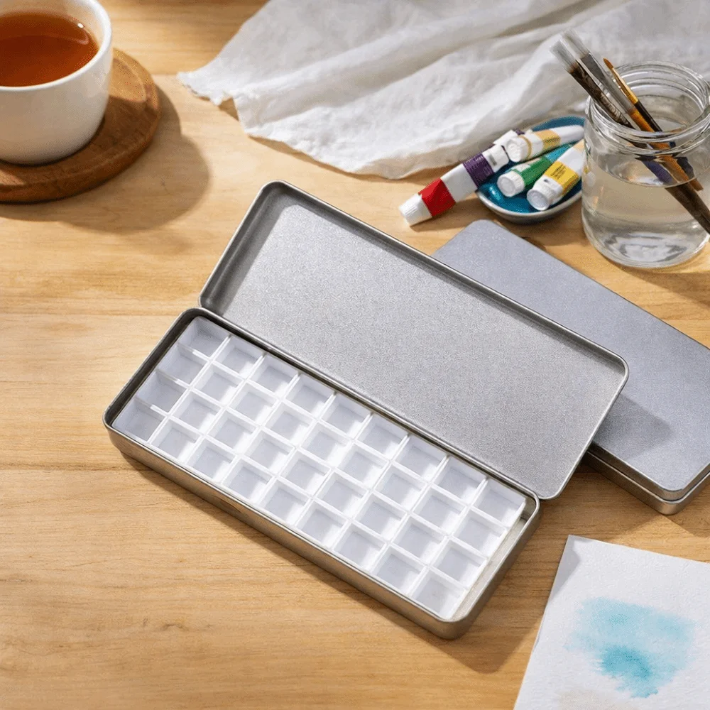 실버 컬러 수채화 포팅 박스 휴대용 빈 페인트 팔레트 박스 36칸 분리형 페인트 트레이 수채화 포장 상자