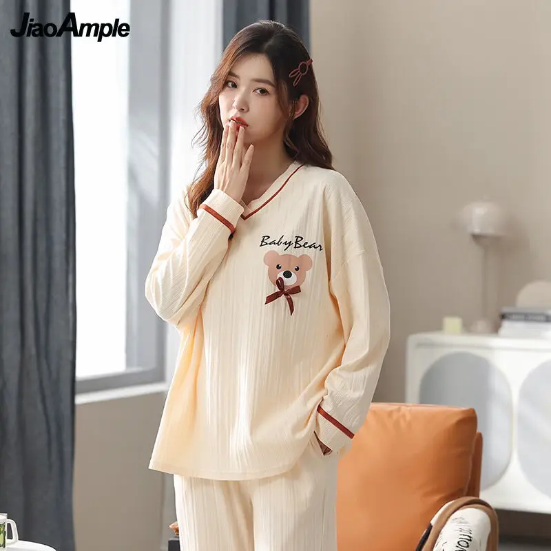 Cotton Pajamas 2022 Spring Autumn New Loose Cartoon Pijamas Women's Casual Trousers Sleepwear Two-piece Female Home Clothes Suit
