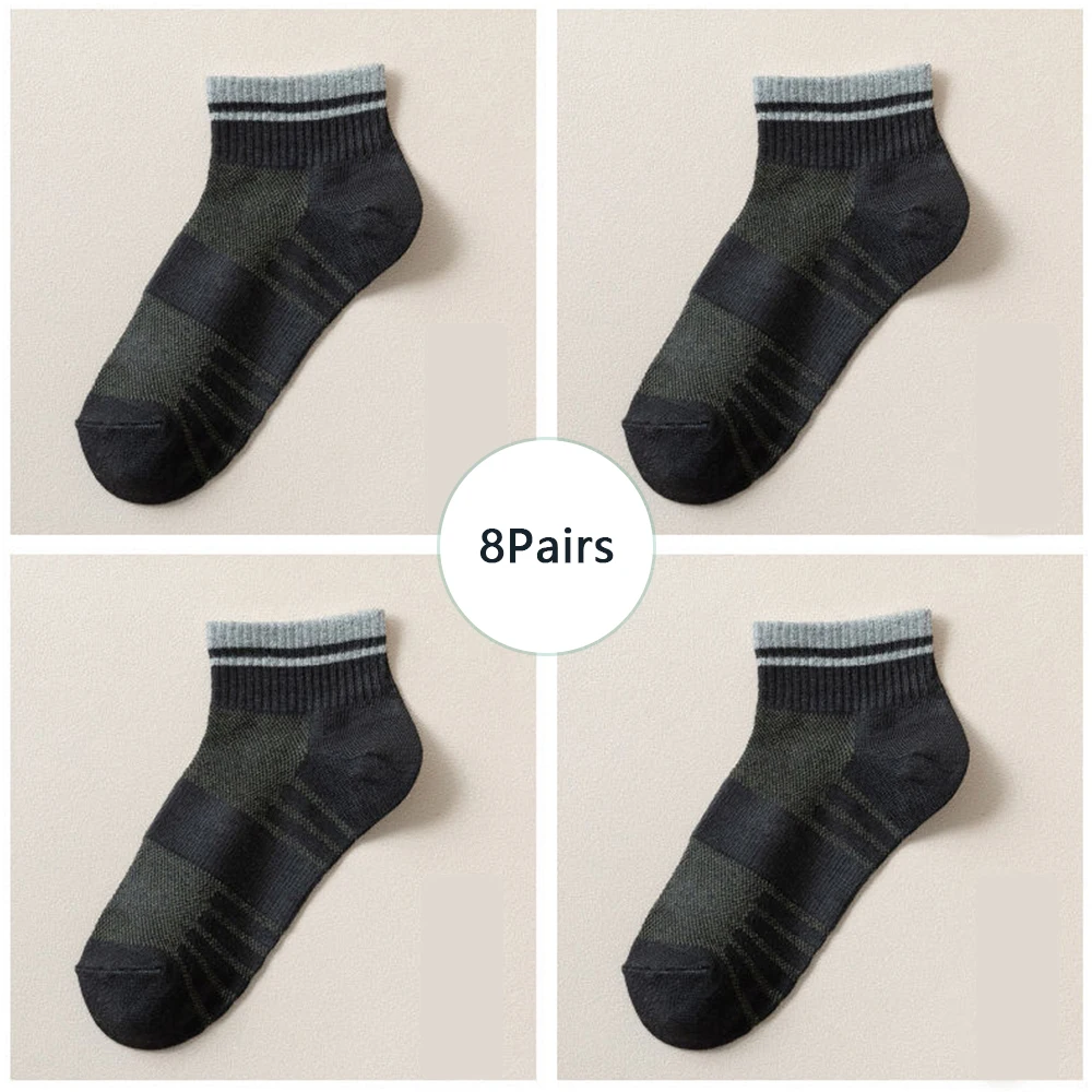 8Pairs New Stripe Men's Cotton Socks Solid Color Soft Breathable Ankle Socks Colorful Korean Trend Short Sports Casual Socks Hot