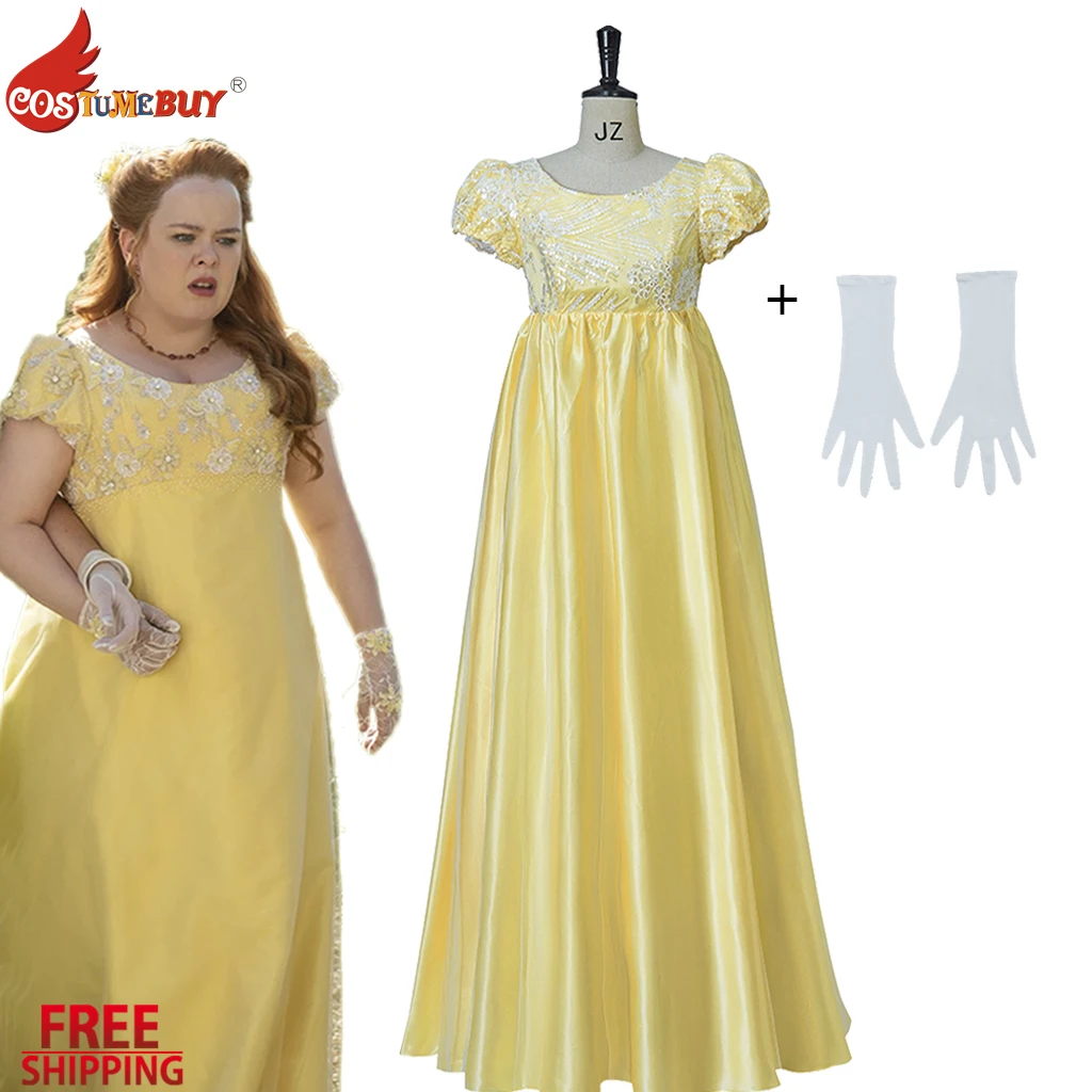 

TV Penelope Featherington Cosplay Sequined Yellow Long Dress,Women Short Sleeve Regency Gown Party Ball Costume