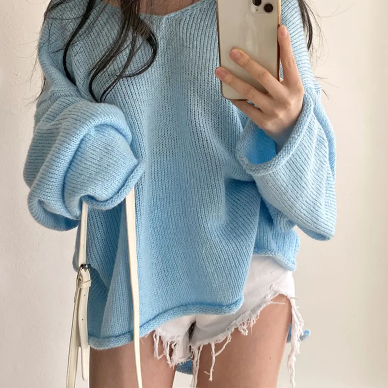 2025 Autumn Loose Women Knitted Tops Winter Y2K Sweater Elegant Casual Solid Knitwear Fashion New Blue Pullover Clothing