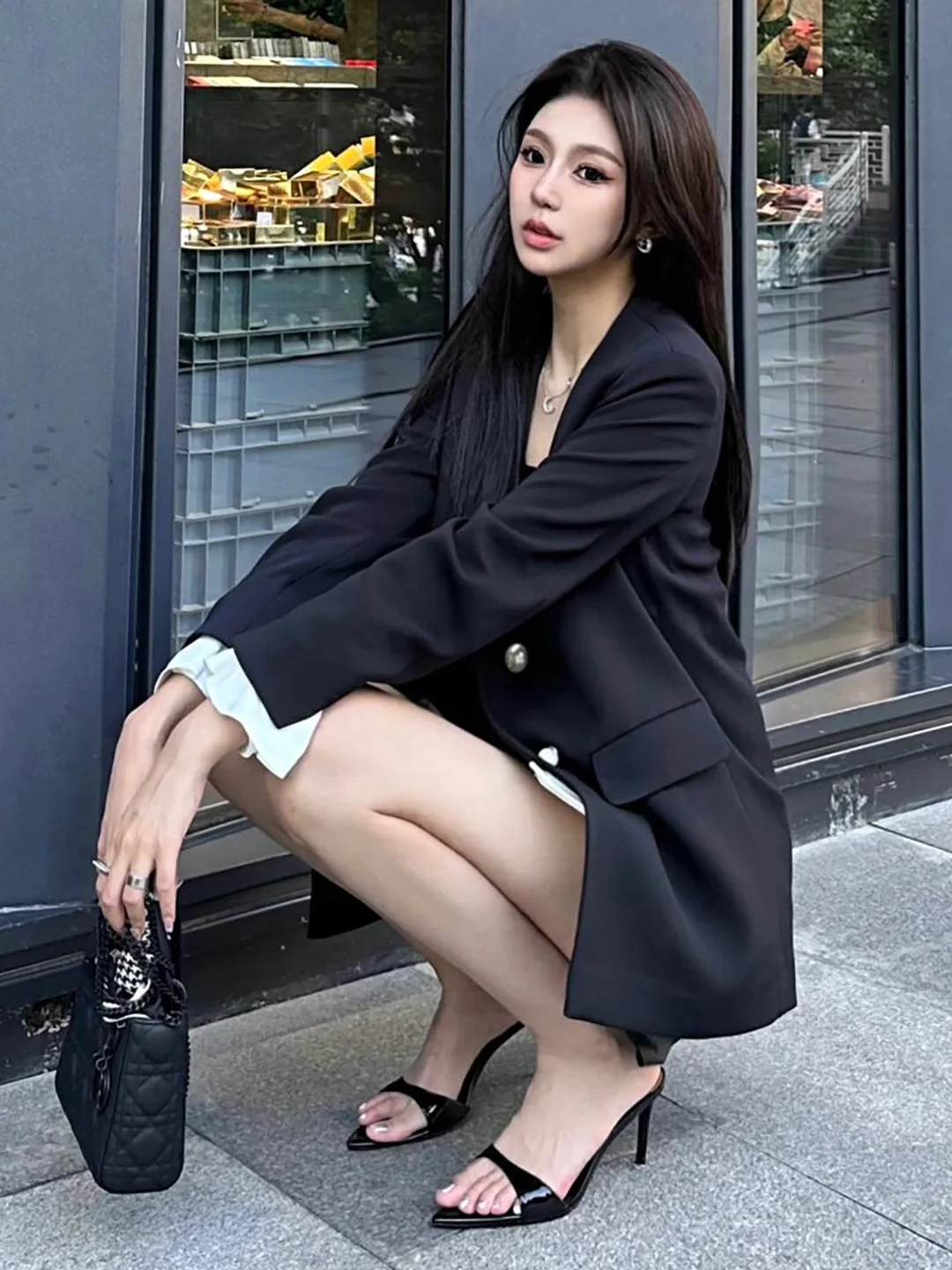 2024 Summer New Pointed High Heels Women's Lacquer Leather Slim Heels Open Toe Slippers Sexy Black External Wearing Sandals
