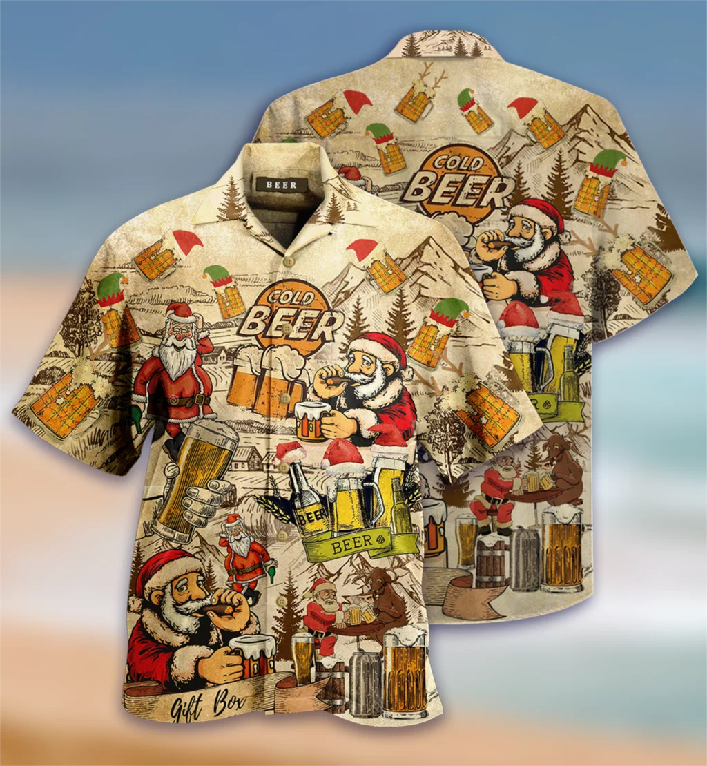 

New Hawaiian Mens Shirts Santa Drinking Beer Christmas Party Shirts Summer Vacation Beach Style Hangover Shirts